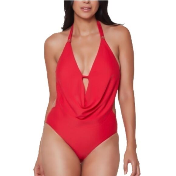 BAR III Solid Cowlneck One Piece Swimsuits Small Paradise Red swimwear size S - Picture 5 of 13